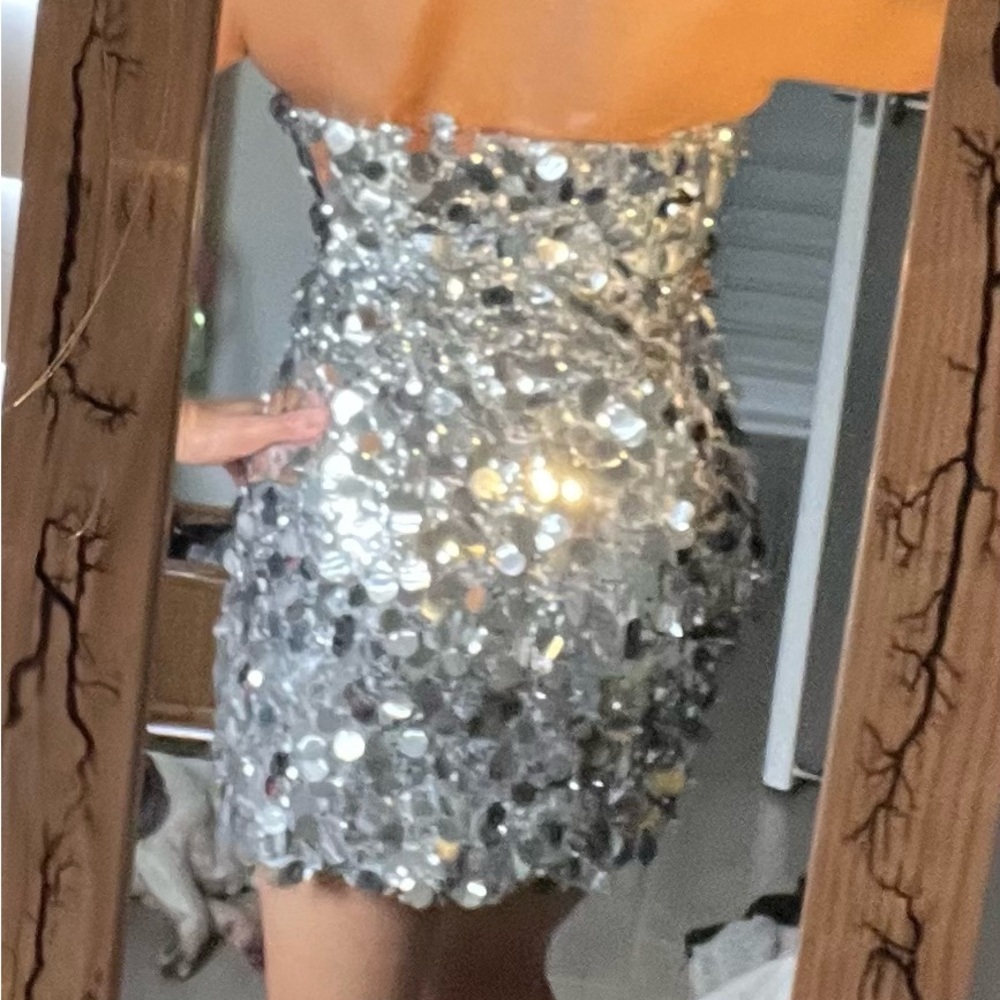 Windsor Silver Sequined Strapless Mini Dress S - image 2